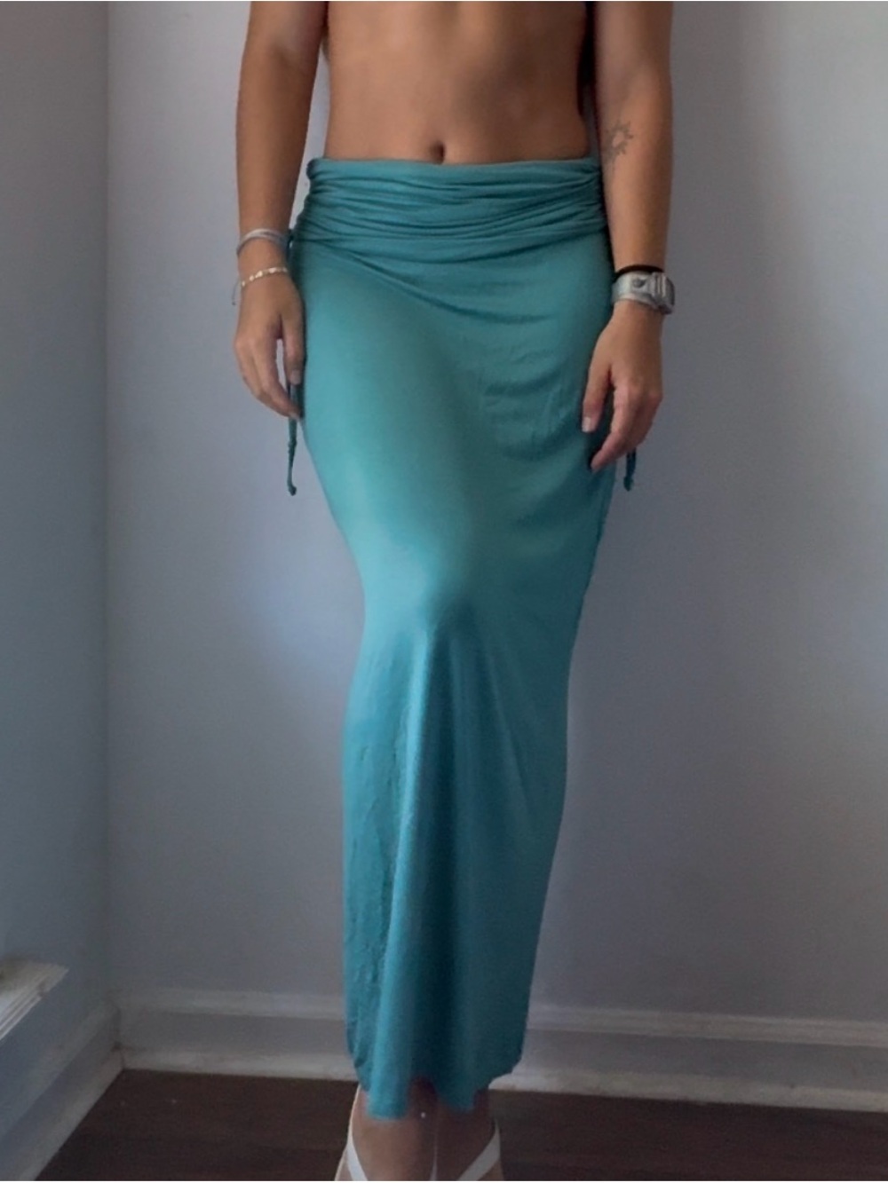 Mono B Teal Maxi Drawstring Waist Skirt